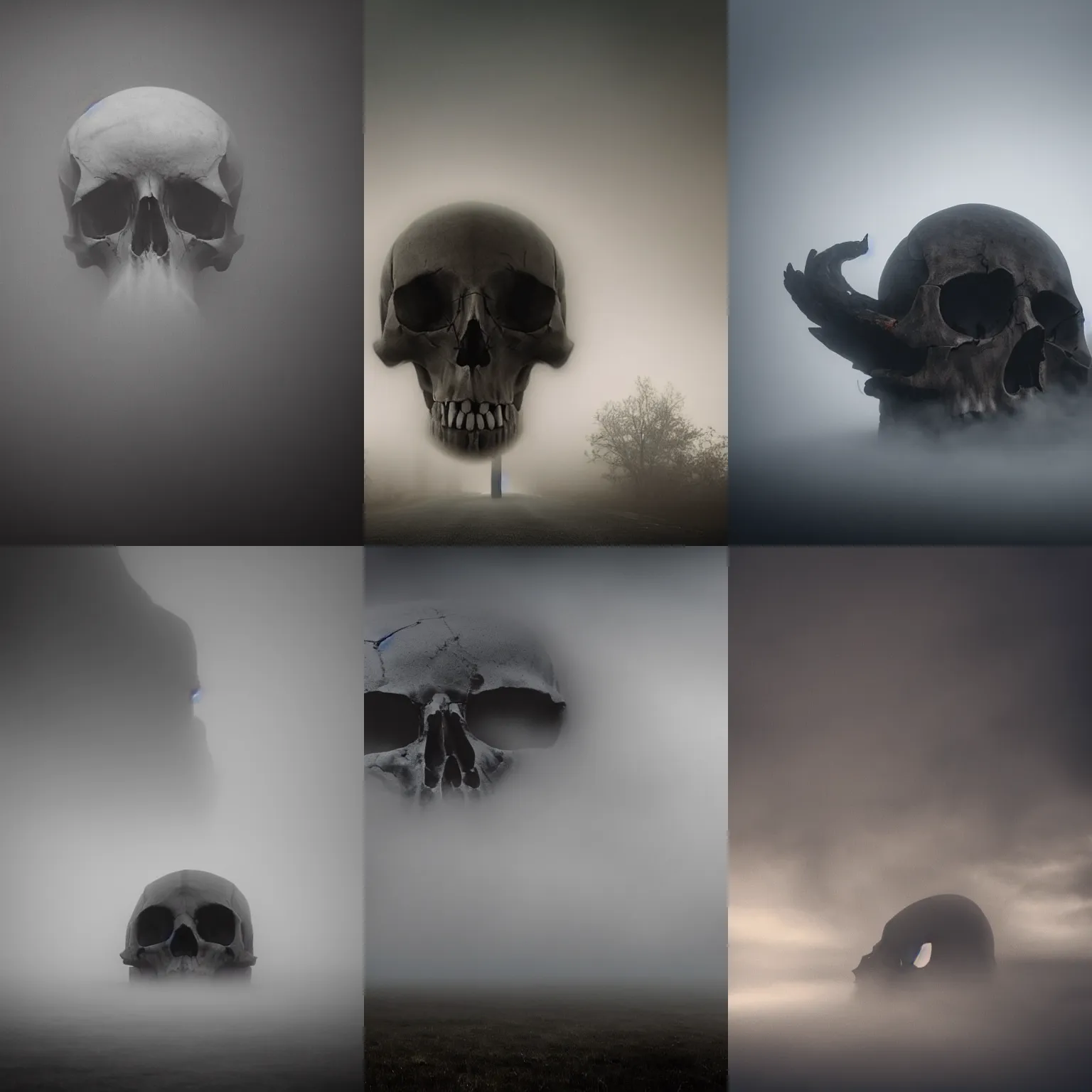 Prompt: a giant, massive skull coming out of the fog over a city, very foggy, dark, epic, dramatic, ominous, 4k, high quality