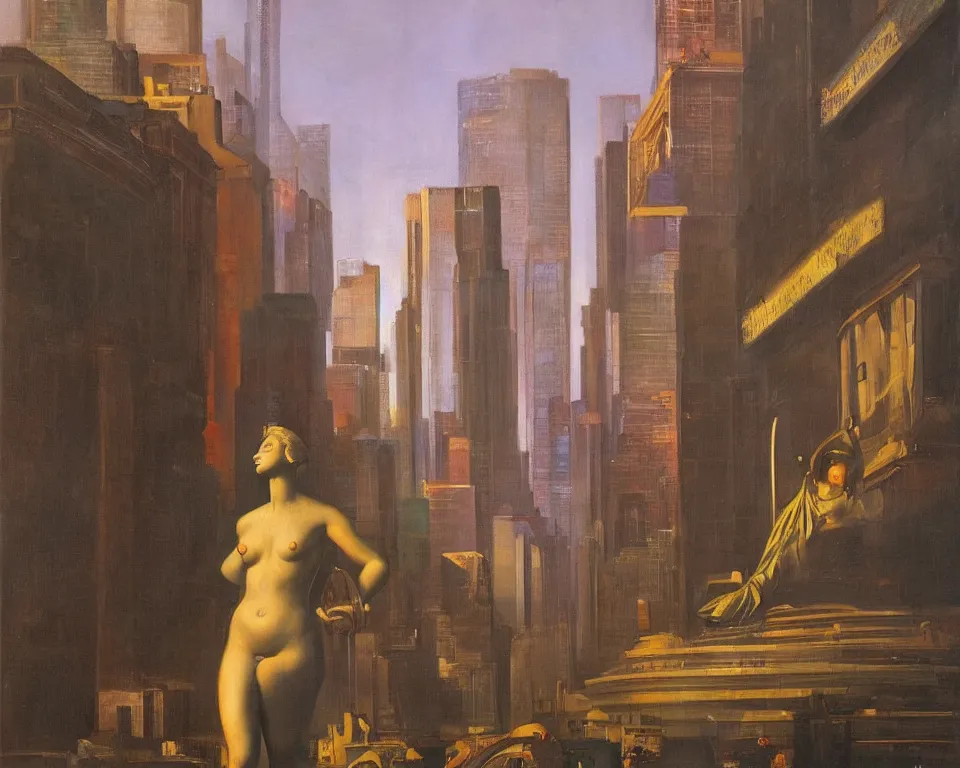 Prompt: an achingly beautiful oil painting of the venus de milo standing alone amid a vibrant futuristic metropolis by Raphael and Hopper.