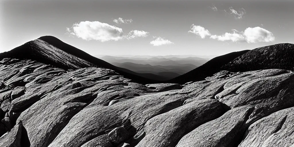 Prompt: landscape photograph of Franconia ridge, mount lafayette, mount lincoln, mount haystack, photography by ansel adams