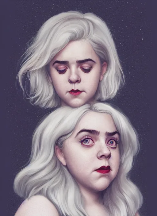 Image similar to full body portrait, kiernan shipka as sabrina spellman, white hair, obese, bangs, sultry, realistic, sultry smirk, fluffy bangs, freckles, fat, belly, intricate, elegant, highly detailed, digital painting, artstation, concept art, smooth, sharp focus, illustration, art by wlop, mars ravelo and greg rutkowski