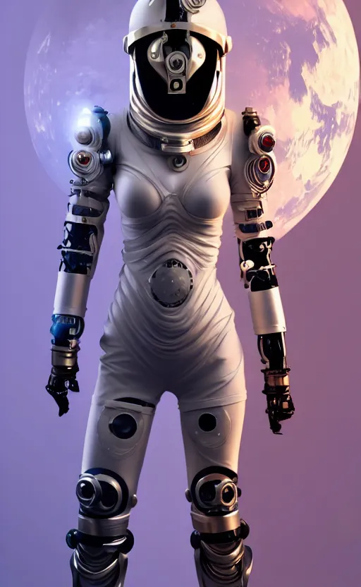 Prompt: sexy doctor ornate feminine cyborg in full body skin space suit, arab helmet, concept art, joshua rife, gun, intricate, highlydetailed, space background, artstation 4 k raytracing, shadows, highlights, illumination