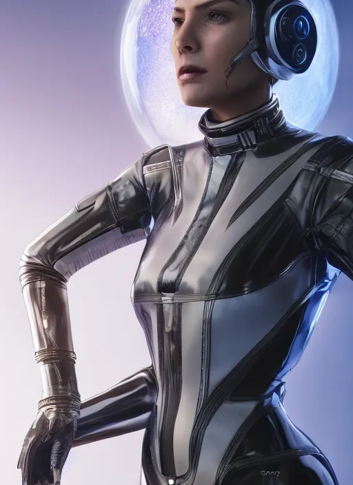 Prompt: full head and body portrait of strikingly beautiful slim mature woman wearing leather spacesuit, space empress in scifi clothing, photograph, 4 k, ultrarealism, octane render, uplighting, studio photo, artgerm, artstation concept character, science fiction