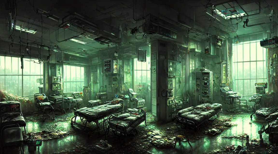 Prompt: post apocalyptic room interior, hospital interior, human silhouette, furniture, interior decoration, by thomas kinkade trending on artstation, photorealistic, hyper detailed, hyper realistic, cyberpunk vibrant colors