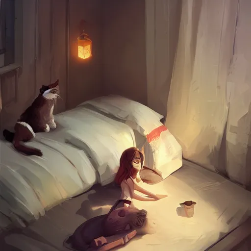 Image similar to a girl is lying on the bed and playing with her mobile phone, a ragdoll cat is lying on the side, characterized by roman shipunov, etienne hebinger, atey ghailan, cgsociety, fantasy art, 2 d game art