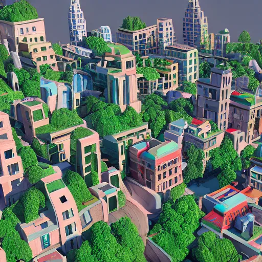 Image similar to a stylized 3D city on green hills, in the style of Silke Van Der Smissen and Maria Puchkova on ArtStation, 4k,