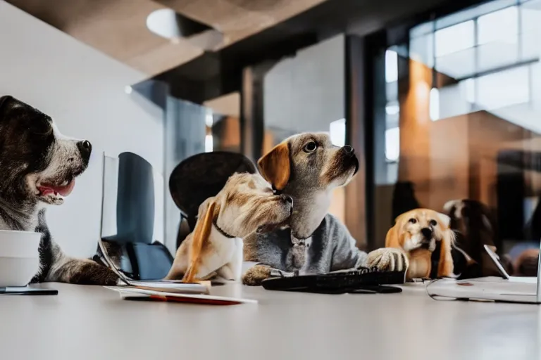 Prompt: pets are working in co - working modern offices