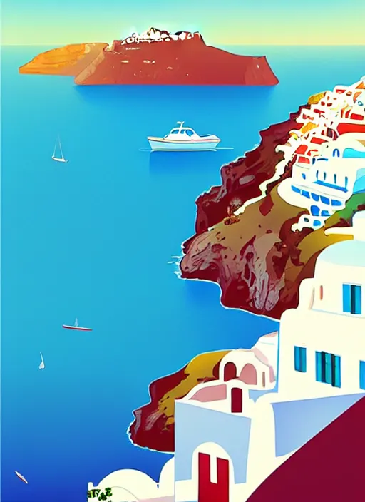 Image similar to a travel poster illustration depicting a house in santorini with an ocean view, vintage style, white architecture, digital painting, vector art, trending on artstration, by anton fadeev, by alena aenami