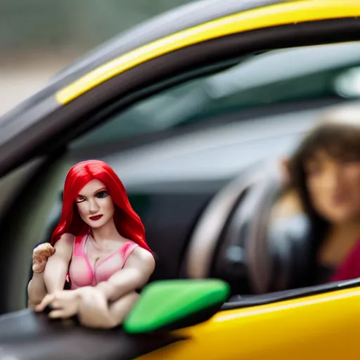 Prompt: a red haired woman driving a Jada toys mitsubishi eclipse green diecast car, high resolution macro photo, viewed through the cars window