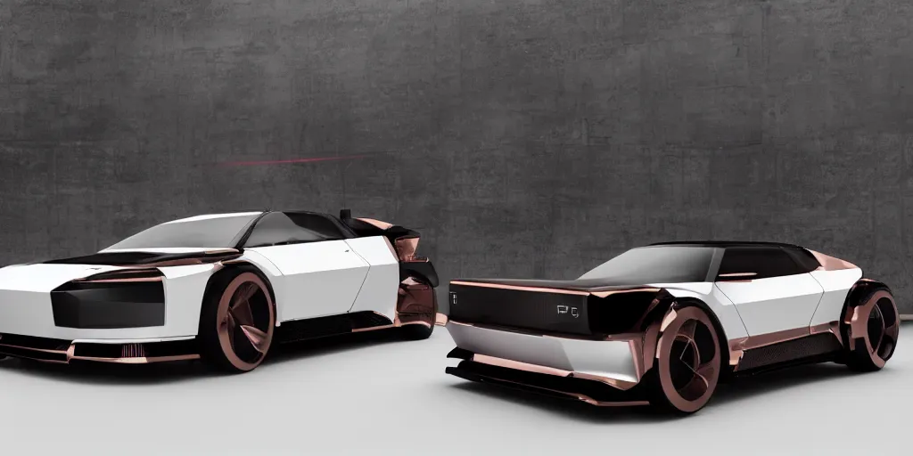 Image similar to a design of a futuristic DMC Delorian, designed by Polestar, blade runner background, front and back view, rose copper car paint with white line accent detailing, black windows, sportscar, dark show room, dramatic lighting, hyper realistic render, depth of field