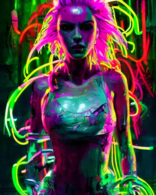 Prompt: splashes of neon, mowhawk, punk women portrait made out of paint, trending on artstation, epic composition, emotional, beautiful, rendered in octane, highly detailed, realistic, tim burton comic book art, sharp focus, unreal engine, depth of field, path tracing