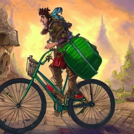 Image similar to a bicycle food delivery worker with a green bag on his back in Portugal, hearthstone art style, epic fantasy style art by kim jung gi, fantasy epic digital art