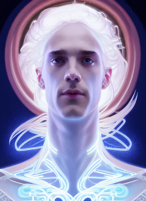 Image similar to symmetry!! portrait of man wearing white clothes with long flaming blue hair, sci - fi, glowing lights!! intricate, elegant, highly detailed, digital painting, artstation, concept art, smooth, sharp focus, illustration, art by artgerm and greg rutkowski and alphonse mucha, 8 k