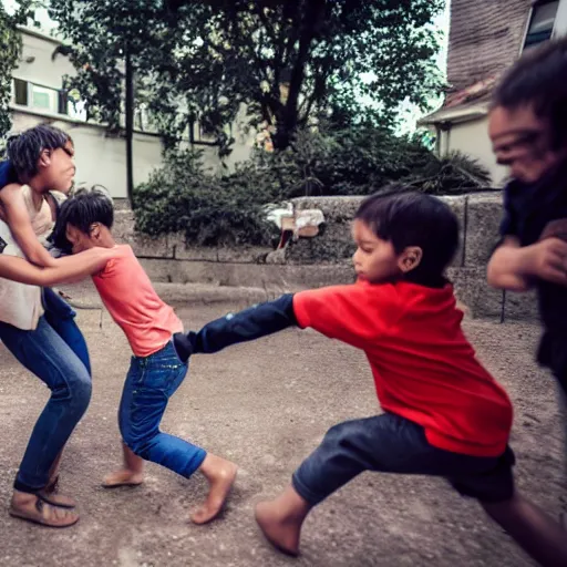 Image similar to a woman fighting three 5 year old kids and beating them up, photo, 8k