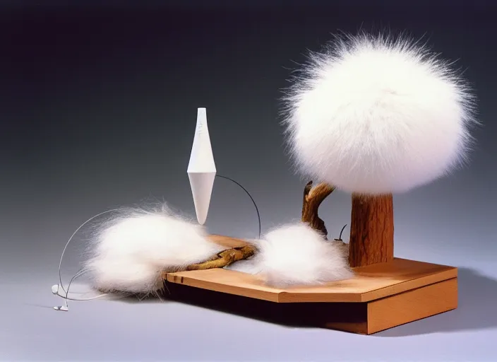 Prompt: realistic photo of a a common wooden branches astronomy archeology chemistry nest scientific model equipment gadget object made of wooden branches, a tumbler is made of white clay, a handle is made of white fluffy fur, by dieter rams 1 9 9 0, life magazine reportage photo, natural colors, metropolitan museum collection