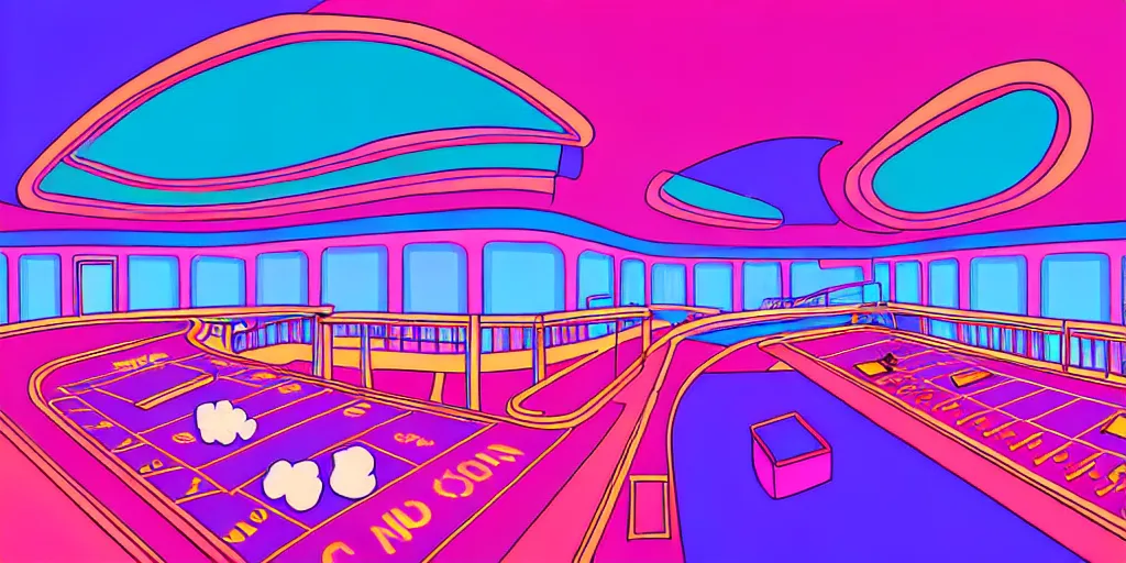 Image similar to minimalistic extreme wide angle curved perspective digital art of sss chubby cotton candy indoor top floor of a casino with a balcony to the ground floor by anton fadeev from nightmare before christmas