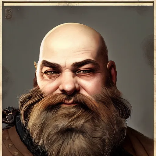 Image similar to Three quarters vintage portrait of a bald male steampunk dwarf with long brown beard, highly detailed, digital painting, art by Stanley Lau and Artgerm and magali villeneuve and Alphonse Mucha, artstation, octane render, cgsociety