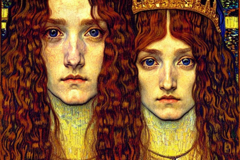 Image similar to detailed realistic beautiful young medieval queen face portrait by jean delville, gustav klimt and vincent van gogh, art nouveau, symbolist, visionary, gothic, pre - raphaelite, muted earthy colors, desaturated