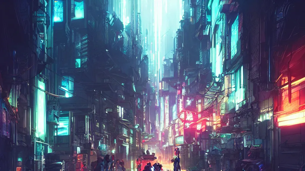 Image similar to cyberpunk city streets at night, digital illustration by greg rutkowski, android netrunner, fire, colored lighting