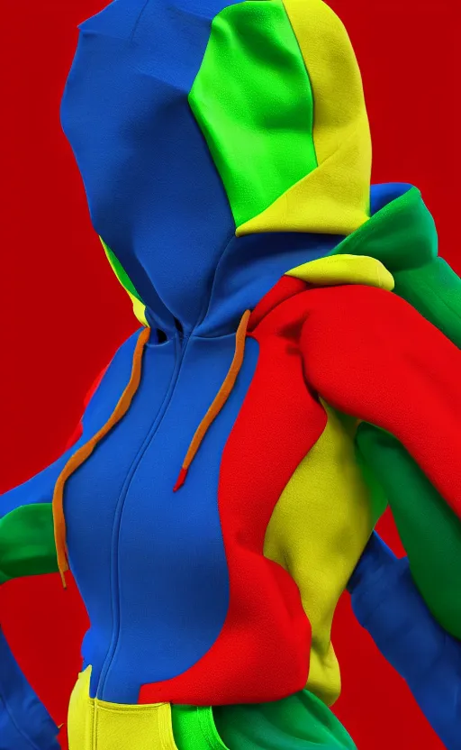 Image similar to red blue hoodie, with model, flex position, yellow and green, trendsetter, fiction, stability, intricate, elegant, 8 k, uhd, justify, artstation, concept art, matte, sharp focus, illustration, consistent, highly detailed object content, proportional object content