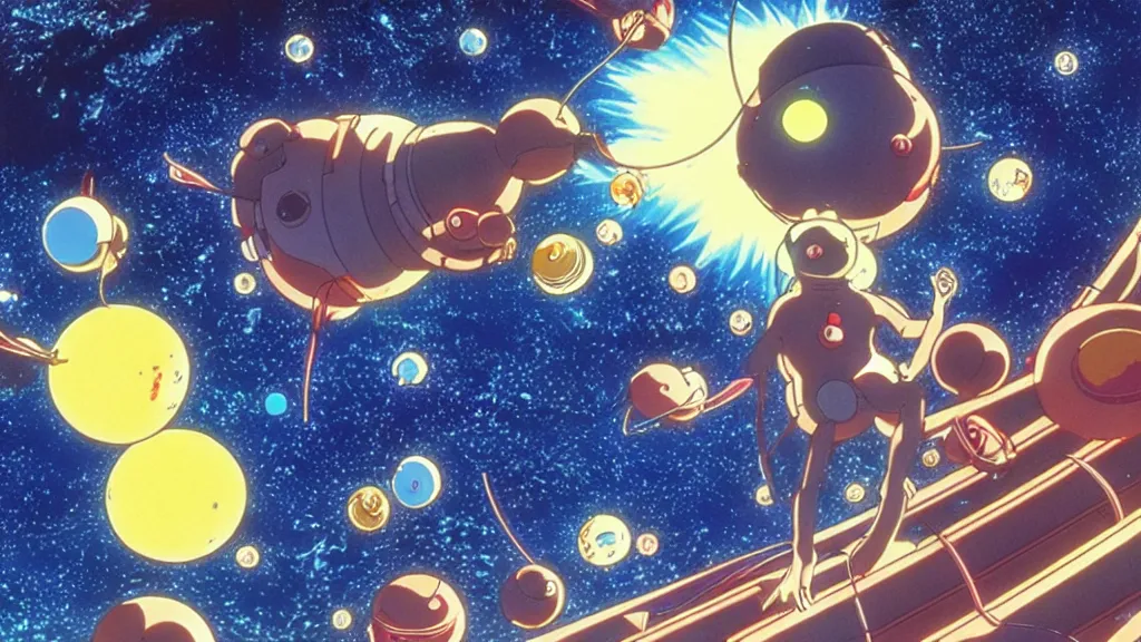 Prompt: monkey exploring space, anime film still from the an anime directed by katsuhiro otomo with art direction by salvador dali, wide lens