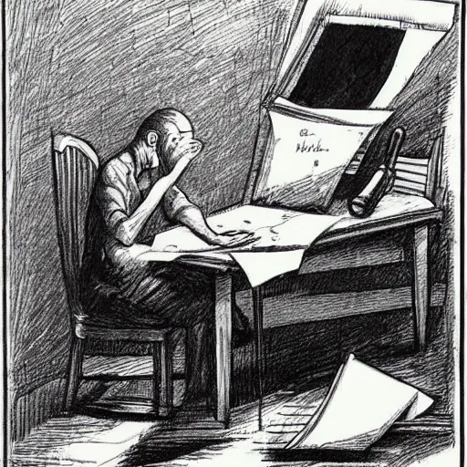 Prompt: a man frantically drawing countless images of evil on sheets of paper. waded up paper strewn all over his room. Misery and regret