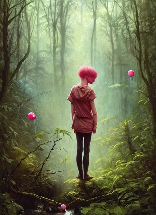 Image similar to bubblegum in the woods by a stream, river gorgeous lighting, lush forest foliage blue sky a hyper realistic painting by chiara bautista and beksinski and norman rockwell and greg rutkowski, tom bagshaw weta studio, and lucasfilm