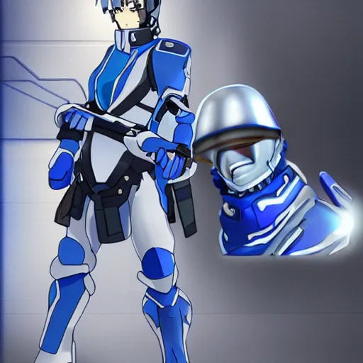 Image similar to a futuristic soldier captain with a metal visor and a blue shoulderpad in anime style