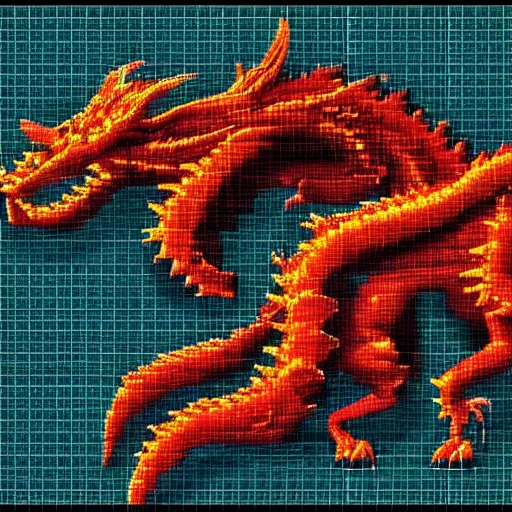 Image similar to blueprint of a fantasy dragon pixel art