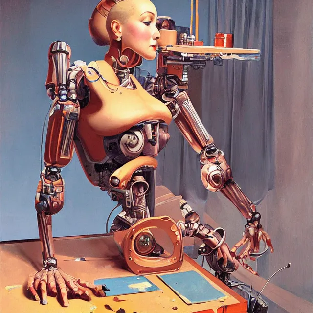 Prompt: robot artist painting a self - portrait on a canvas. detailed digital matte painting in the style of gil elvgren and in the style of wayne barlowe. irony, recursion, inspiration.