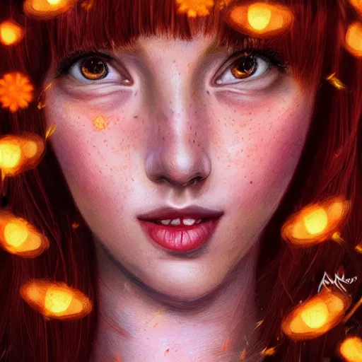 Prompt: photorealistic portrait of a red haired girl among fireflies, with a round beautiful face, amazed soft smile, long hair, green eyes, hint of freckles, golden ratio, intricate details, colorful digital art by artgerm