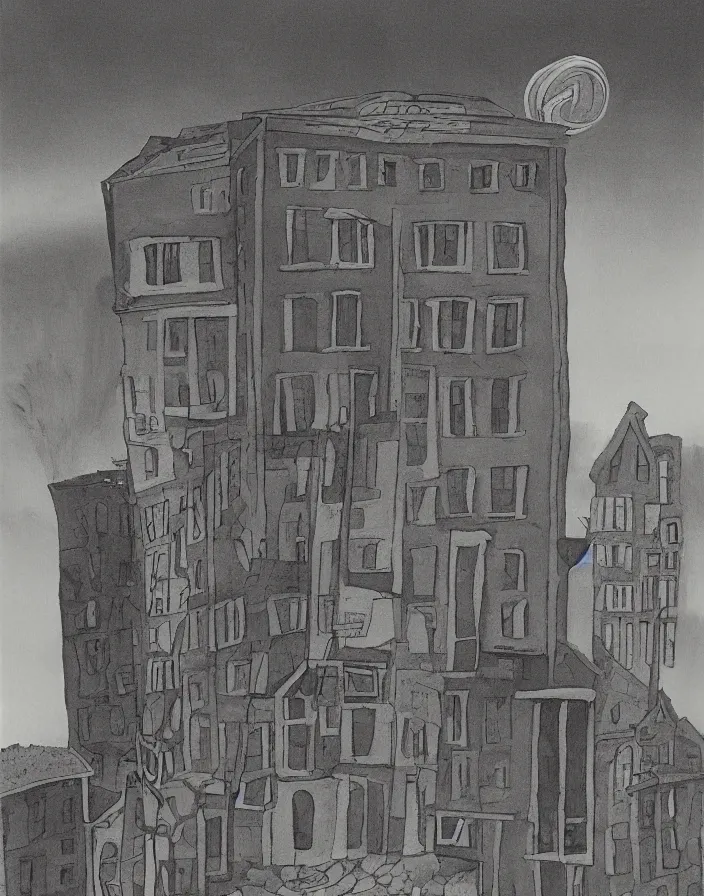 Prompt: a building in a stunning landscape by Charles Addams