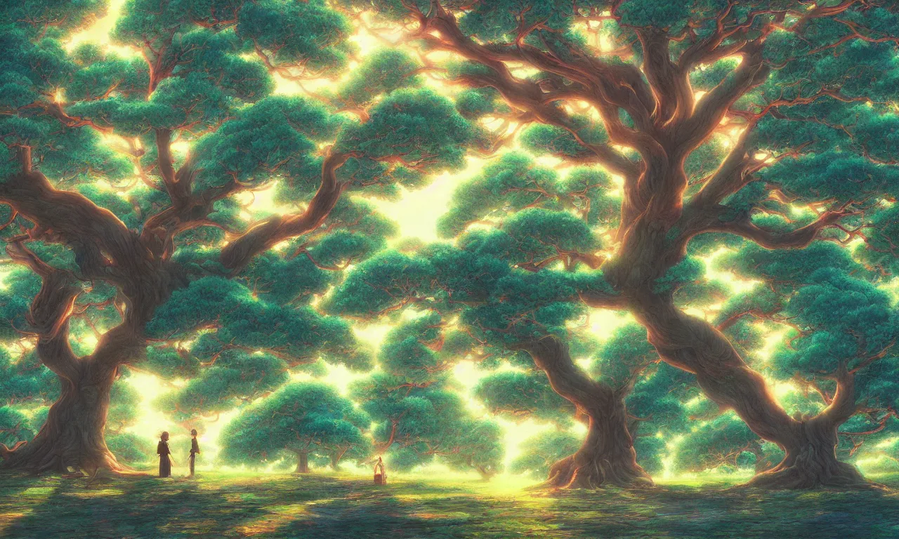 Prompt: a beautiful digital colorful illustration of a big banyan tree by studio ghibli, makoto shinkai and thomas kinkade