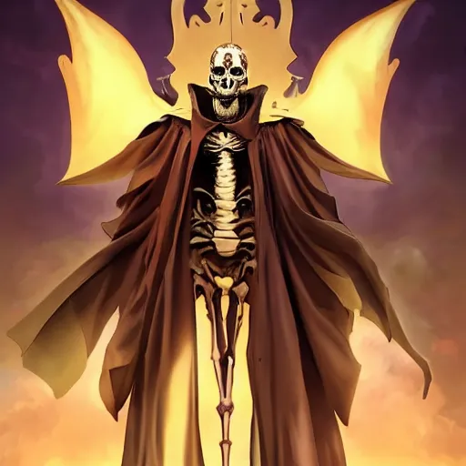 Image similar to Tall skeleton overlord, covered with royal robes, magic caster, wide shoulders, evil aura, full body shot, anime style, AINZ, 90's modern art, art by artgerm and greg rutkowski and alphonse mucha