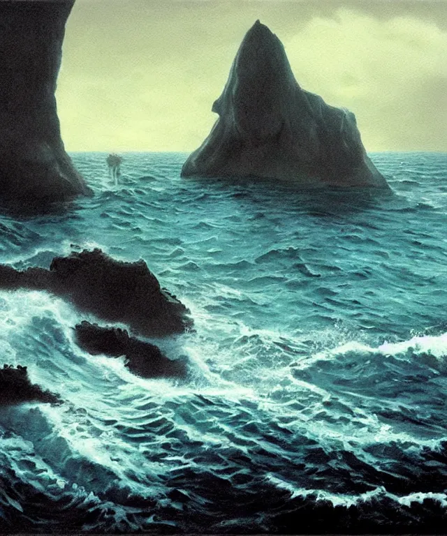 Image similar to photorealistic painting of a 1 9 2 5 seiner sailing near a tropical skull - shaped cliff with the mouth of a sea cave at the waterline, dark, brooding, atmospheric, lovecraft, horror, smooth, epic, highly detailed, cinematic, by larry elmore