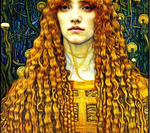 Image similar to detailed realistic beautiful young medieval queen face portrait by jean delville, gustav klimt and vincent van gogh, art nouveau, symbolist, visionary, gothic, pre - raphaelite, muted earthy colors, desaturated