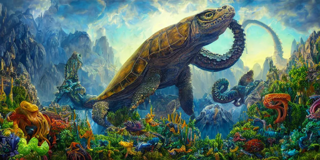 Image similar to fantasy oil painting, great leviathan, cybernetic turtle cephalopod terrapin reptilian pachyderm squid, bella hadid, hybrid, milla jovovich, anubis, epic natural light, lush plants flowers, spectacular mountains, bright clouds, luminous sky, outer worlds, golden hour, michael cheval, edward hopper, michael whelan, vray, hd