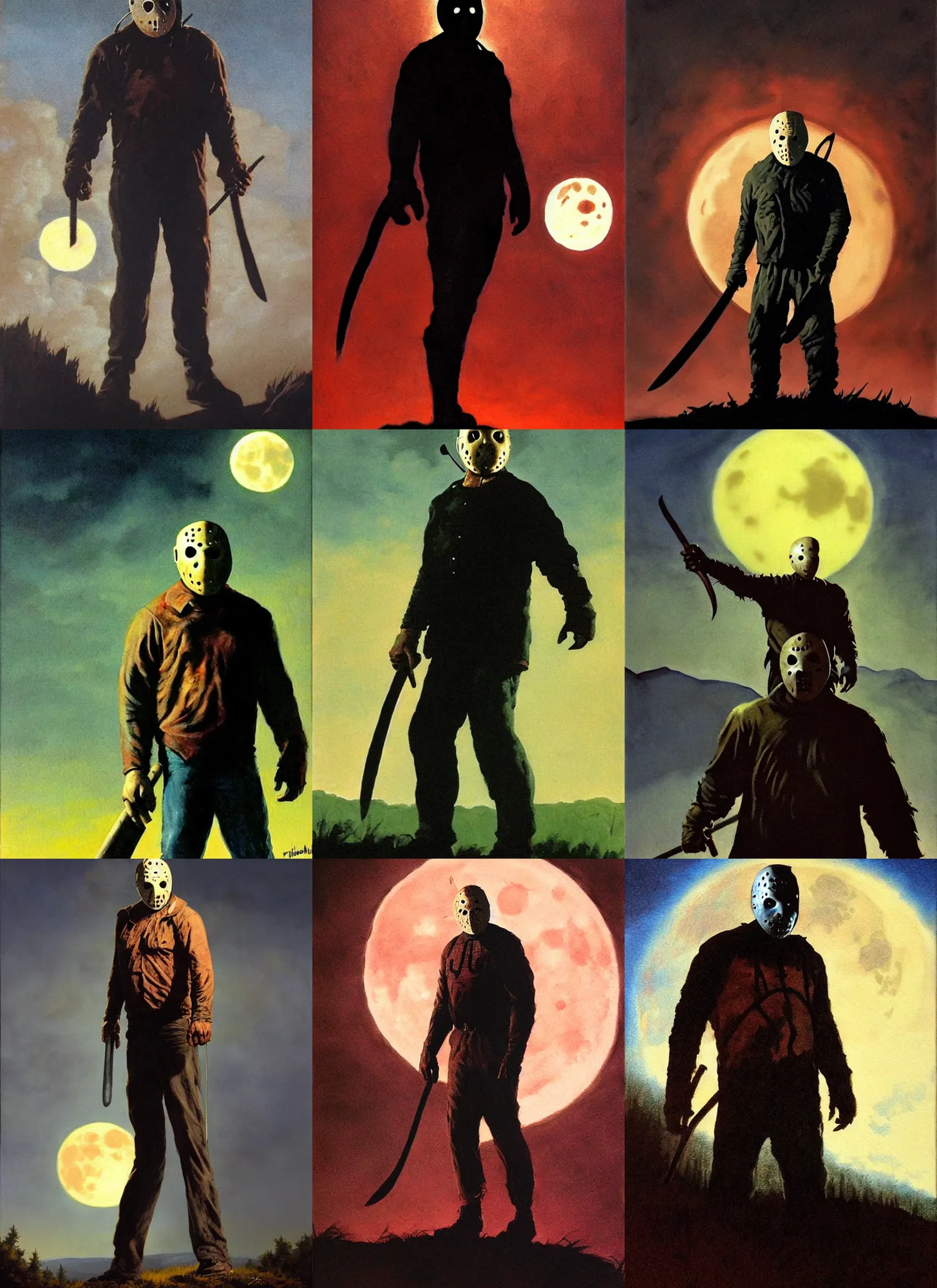 Image similar to close portrait, jason voorhees standing on a hill, powerful pose, scary, horror, giant moon, dramatic sky, shadows on side, cinematic, side light, backlighting, oil painting by frazetta