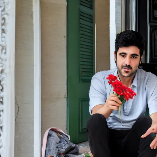 Prompt: sumeyye aydogan, duy beni serial, sitting on the porch holding a flower, in front of the house