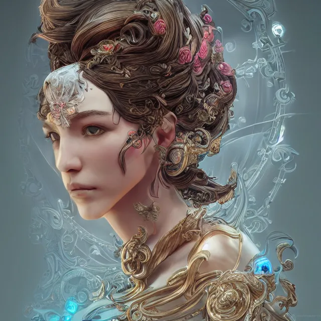 Image similar to the portrait of the lawful good alignment personified as an absurdly beautiful, graceful, elegant, sophisticated, young woman, an ultrafine hyperdetailed illustration by kim jung gi, irakli nadar, intricate linework, bright colors, octopath traveler, final fantasy, unreal engine 5 highly rendered, global illumination, radiant light, detailed and intricate environment