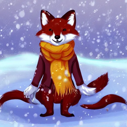 Image similar to an anthropomorphic fox fursona wearing a scarf in the snow, cartoon, trending on artstation, furry art