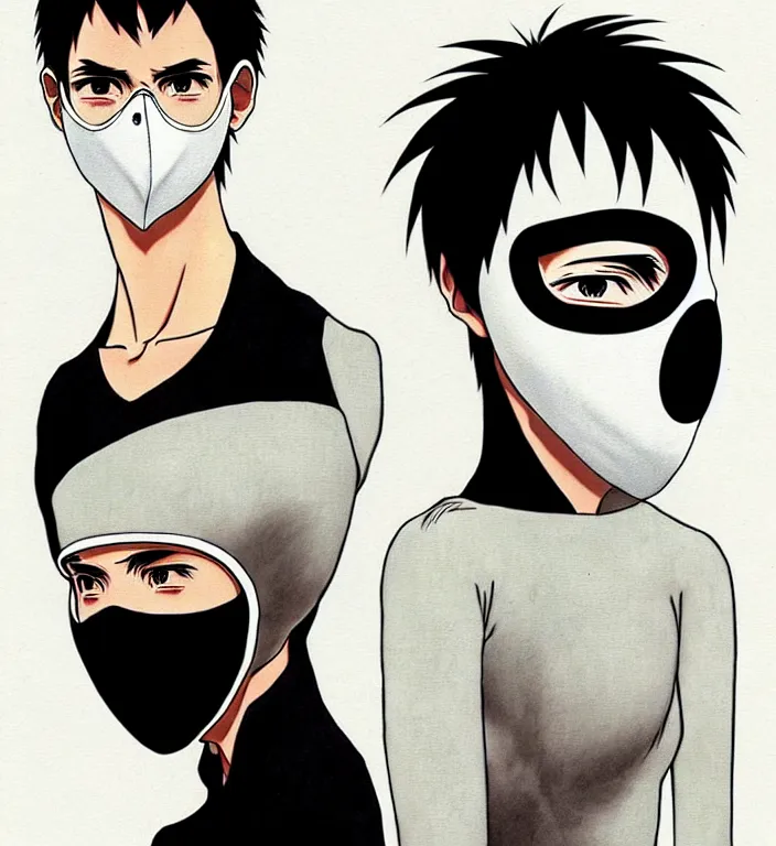 Image similar to white man with black fabric mask, short dark hair, true anatomy!, art by hayao miyazaki