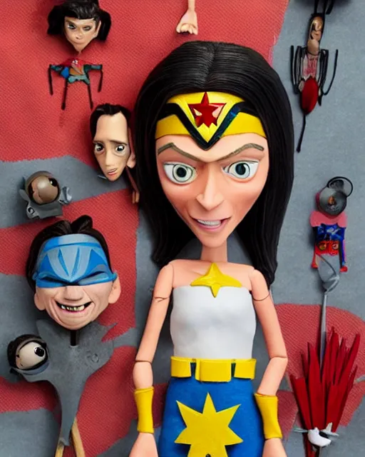 Image similar to steve buscemi ’ s wonder woman as a highly detailed stop motion puppet, in the style of laika studios ’ s paranorman, coraline, kubo and the two strings shot in the style