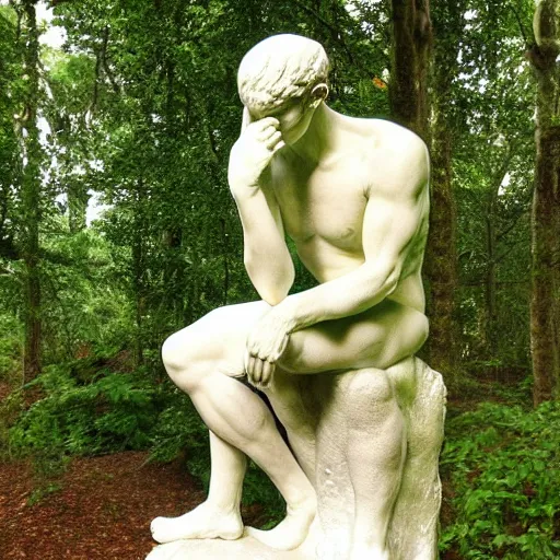 Prompt: The thinker sculpture by auguste rodin, mushrooms at the base , placed in a lush forest, style of William Bartram