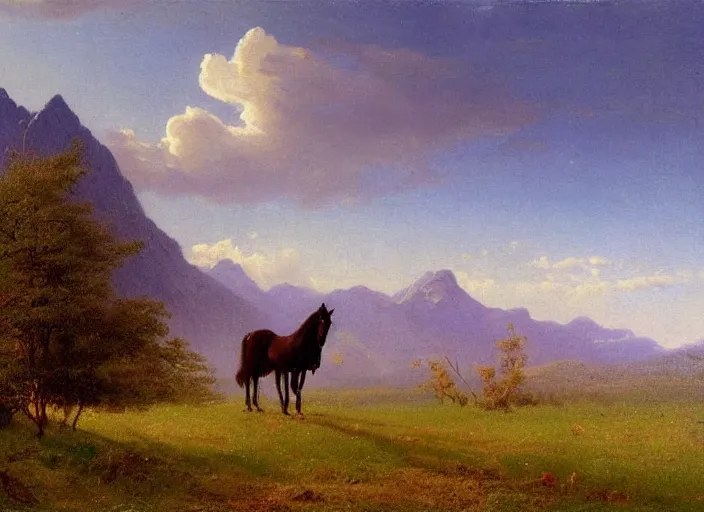 Prompt: painting of a horse on a field in front of beautiful mountains by albert bierstadt