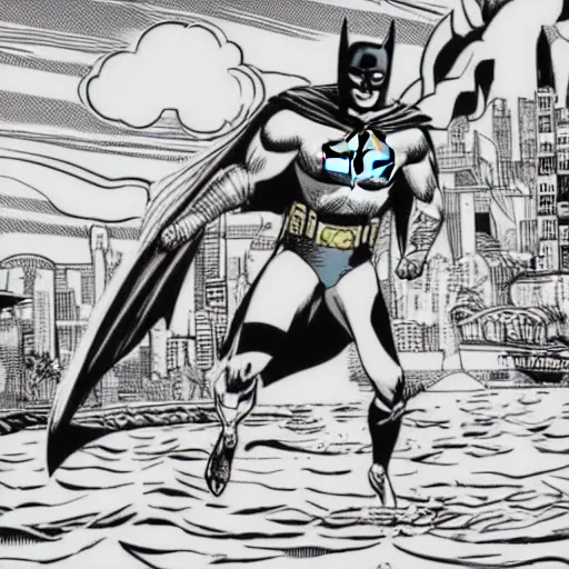 Image similar to batman at the beach swimming in the sea, comic art style, detailed lines, highly detailed