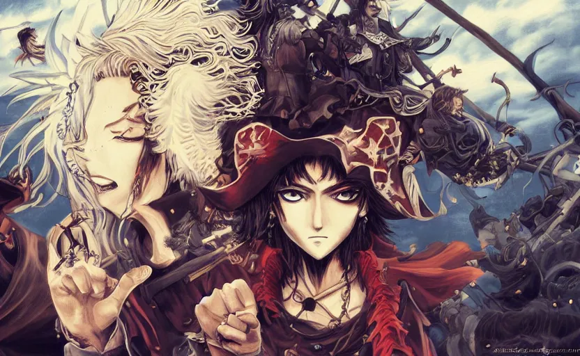 Prompt: a pirate captain commands her crew, digital painting, 4k anime wallpaper, beautiful, gorgeous, intricate and detailed brush strokes, masterpiece, detailed faces, by Tite Kubo and Kentaro Miura