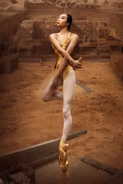 Image similar to stunningly beautiful, filipina prima ballerina in egyptian ruins, symmetrical face, golden hour, smooth, focus, highly detailed, hyper realistic, dramatic lighting, elegant, intricate, concept art, art by wlop, mars ravelo, greg rutowski, artstation