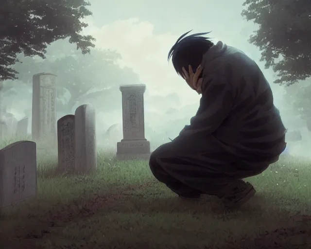 Prompt: a 50 year old brunnete chinese man kneeling over a grave in a cemetery, horror scene, dramatic, anime art, Greg Rutkowski, studio ghibli, dramatic lighting
