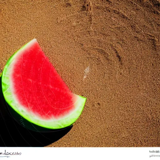 Prompt: a watermelon half buried in a dune of sand in a vast desert, warm colors, cinematic shot