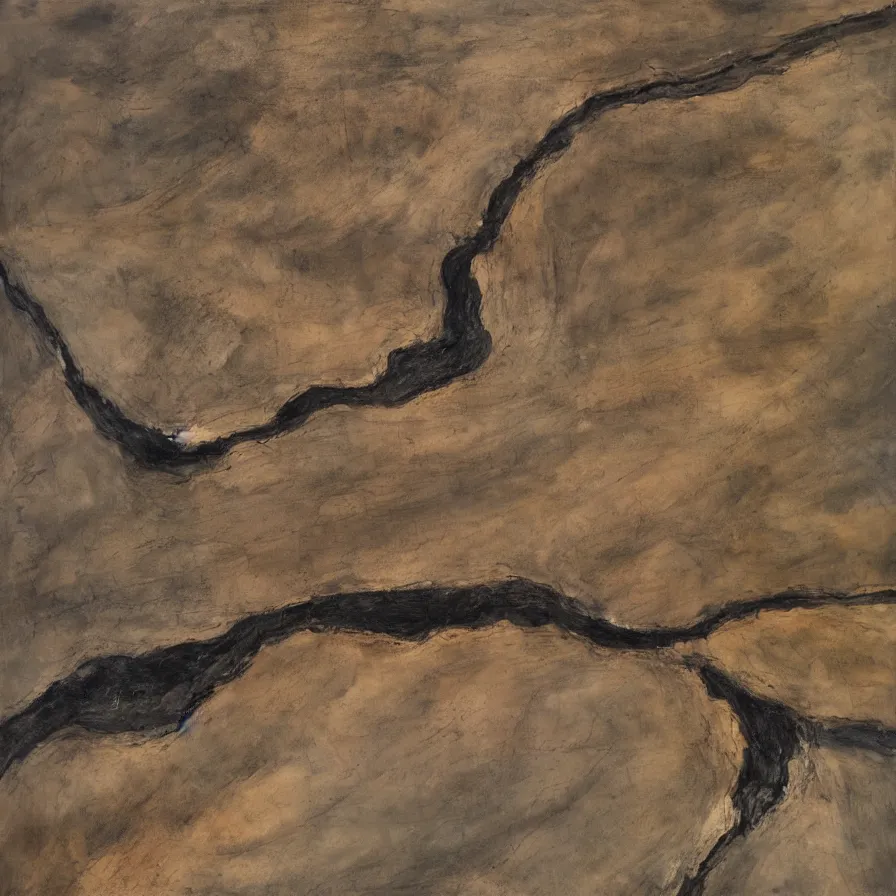 Prompt: Expressionist artwork illustrating a road that plunges into the horizon, inspired by photographers such as Aaron Siskind using earth-tone color palette.